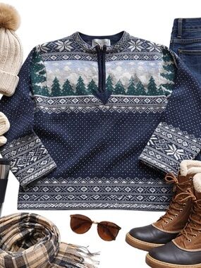 Paris Sport Club Shetland Wool Nordic Fair Isle Sweater Blue Zip Small in EUC